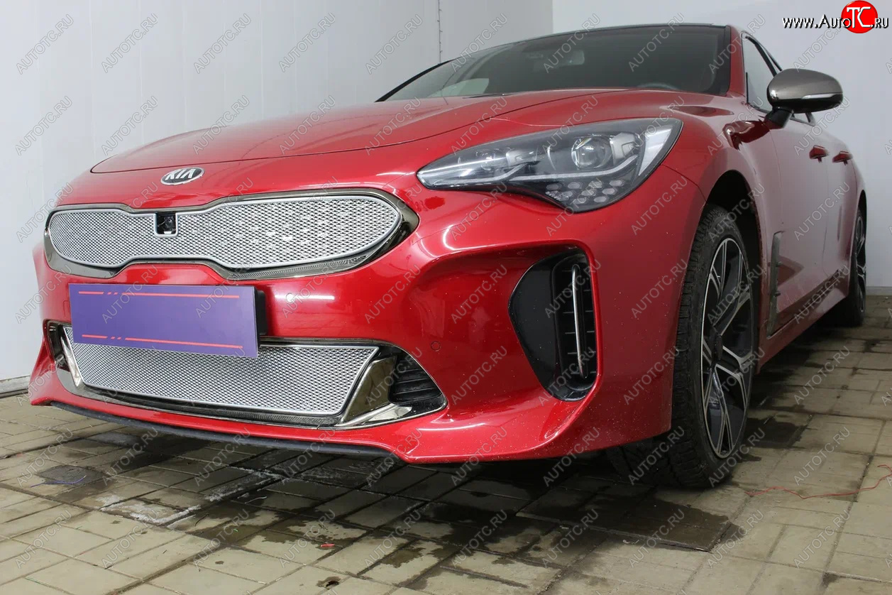 6 299 р. Защитная сетка в бампер (верх, ячейка 4х10 мм) Alfeco Премиум KIA Stinger (2017-2025) (Хром)  с доставкой в г. Новочеркасск