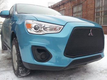 Защитная сетка в бампер (низ, ячейка 4х10 мм) Alfeco Премиум Mitsubishi ASX 1-ый рестайлинг (2013-2016)  (Чёрная)