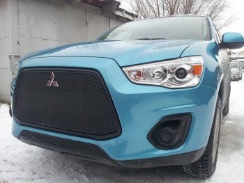 3 679 р. Защитная сетка в бампер (низ, ячейка 4х10 мм) Alfeco Премиум Mitsubishi ASX 1-ый рестайлинг (2013-2016) (Чёрная)  с доставкой в г. Новочеркасск. Увеличить фотографию 2