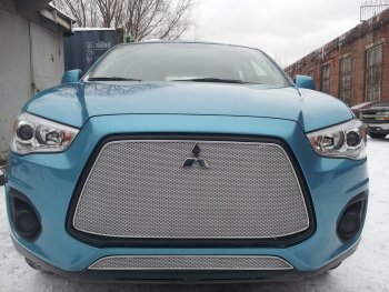 Защитная сетка в бампер (верх, ячейка 4х10 мм) Alfeco Премиум Mitsubishi ASX 1-ый рестайлинг (2013-2016)  (Хром)