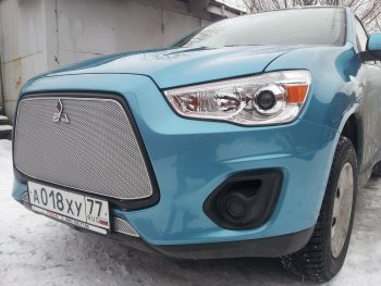 5 999 р. Защитная сетка в бампер (верх, ячейка 4х10 мм) Alfeco Премиум Mitsubishi ASX 1-ый рестайлинг (2013-2016) (Хром)  с доставкой в г. Новочеркасск. Увеличить фотографию 3