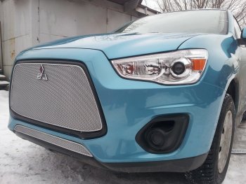 4 299 р. Защитная сетка в бампер (низ, ячейка 4х10 мм) Alfeco Премиум  Mitsubishi ASX (2013-2016) 1-ый рестайлинг (Хром)  с доставкой в г. Новочеркасск. Увеличить фотографию 2