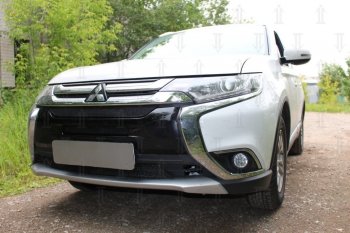 10 399 р. Защитная сетка в бампер (3 части, ячейка 4х10 мм) Alfeco Премиум Mitsubishi Outlander GF 2-ой рестайлинг (2015-2018) (Чёрная)  с доставкой в г. Новочеркасск. Увеличить фотографию 2