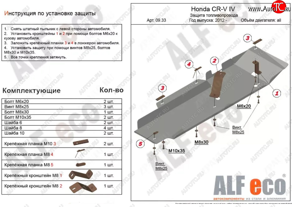 4 599 р. Защита топливопровода Alfeco  Honda CR-V  RM1,RM3,RM4 (2012-2018) дорестайлинг, рестайлинг (Сталь 2 мм)  с доставкой в г. Новочеркасск