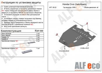 Защита картера двигателя и КПП Alfeco Honda (Хонда) Civic (Цивик)  FK,FN (2005-2011) FK,FN хэтчбэк 5 дв. дорестайлинг, хэтчбэк 5 дв. рестайлинг