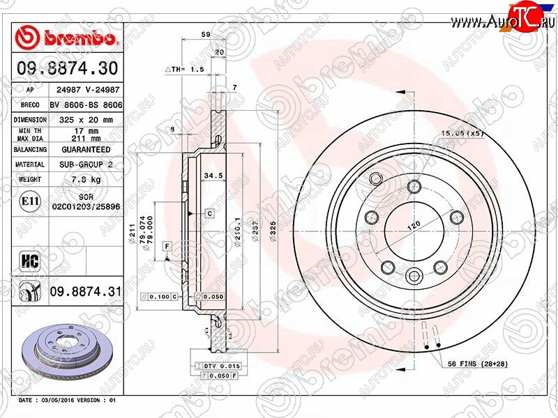 6 499 р. Задний тормозной диск (вентилируемый, d 325) BREMBO дизель Land Rover Discovery 3 L319 (2004-2009)  с доставкой в г. Новочеркасск