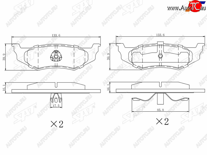 1 029 р. Колодки тормозные задние RH-LH SAT  Chrysler 300M  LR седан (1998-2004), Chrysler Neon (1999-2005), Dodge Caravan (1996-2000)  с доставкой в г. Новочеркасск