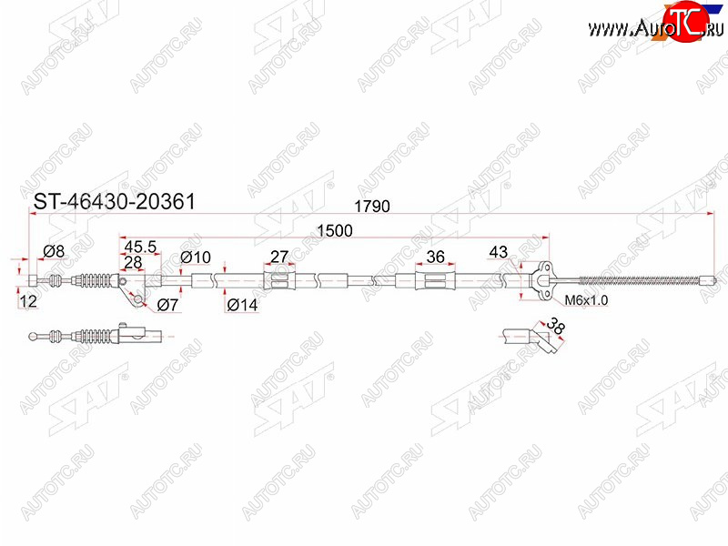 1 269 р. Трос ручника RH SAT Toyota Caldina T190 дорестайлинг универсал (1992-1995) (барабанные тормоза)  с доставкой в г. Новочеркасск