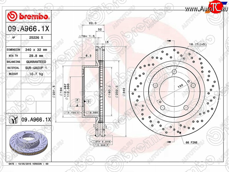 12 999 р. Тормозной передний диск (Ø340) BREMBO  Lexus LX570 J200 1-ый рестайлинг (2012-2015)  с доставкой в г. Новочеркасск