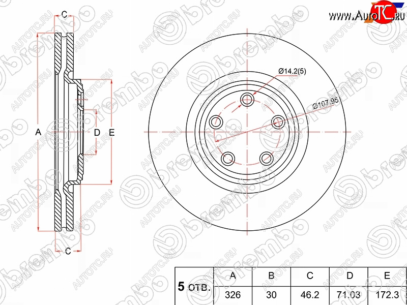 9 799 р. Передний тормозной диск(Ø326) BREMBO  Jaguar XF  X250 - XKR  с доставкой в г. Новочеркасск