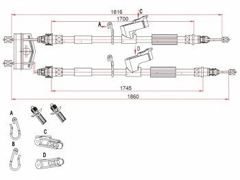 Трос ручного тормоза SAT Ford (Форд) Focus (Фокус)  2 (2004-2011) 2  седан дорестайлинг, универсал дорестайлинг, хэтчбэк 3 дв. дорестайлинг, хэтчбэк 5 дв. дорестайлинг, седан рестайлинг, универсал рестайлинг, хэтчбэк 3 дв. рестайлинг, хэтчбэк 5 дв. рестайлинг  (дисковые тормоза)