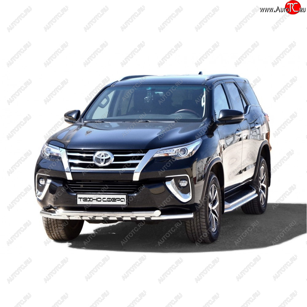 12 699 р. Защита переда труба двойная крашенная d63,5, Техно Сфера  Toyota Fortuner ( AN50/AN60,  AN160) (2004-2025) дорестайлинг, 1-ый рестайлинг, 2-ой рестайлинг, дорестайлинг, рестайлинг (Черный глянец)  с доставкой в г. Новочеркасск