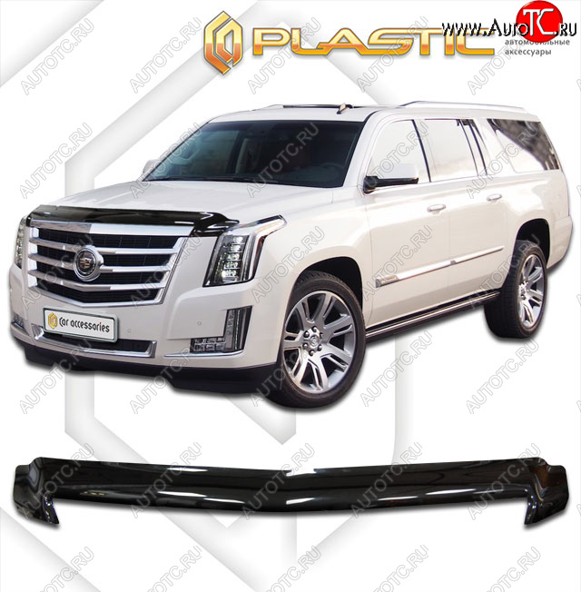 2 309 р. Дефлектор капота CA-Plastic  Cadillac Escalade  GMTK2 джип 5 дв. (2015-2020) короткая база (Classic прозрачный, с надписью)  с доставкой в г. Новочеркасск