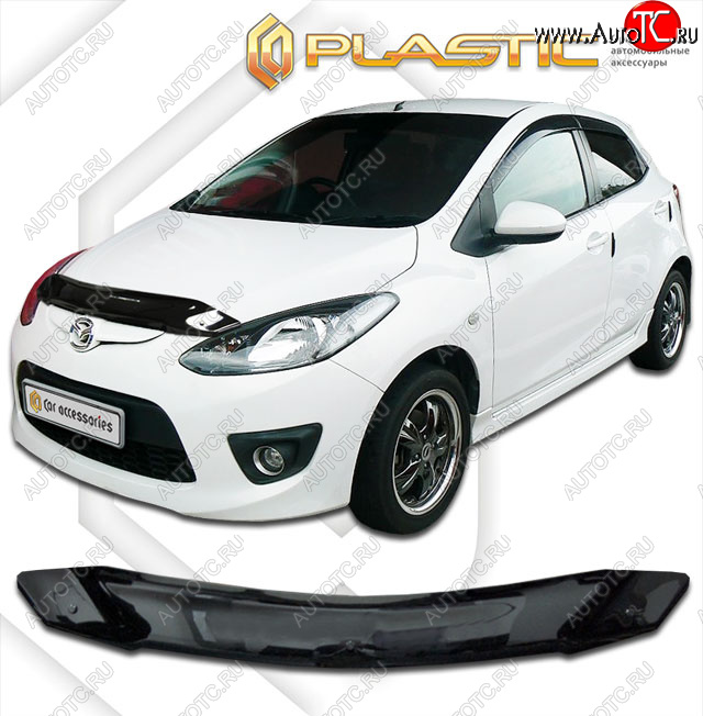 1 849 р. Дефлектор капота CA-Plastic  Mazda 2/Demio  DE (2007-2014) дорестайлинг, рестайлинг (Classic черный, с надписью)  с доставкой в г. Новочеркасск