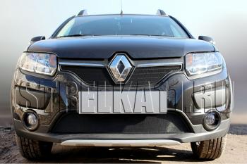 2 799 р.  Защита радиатора Стрелка11 Стандарт Renault Logan 2 дорестайлинг (2014-2018) (черная)  с доставкой в г. Новочеркасск. Увеличить фотографию 1