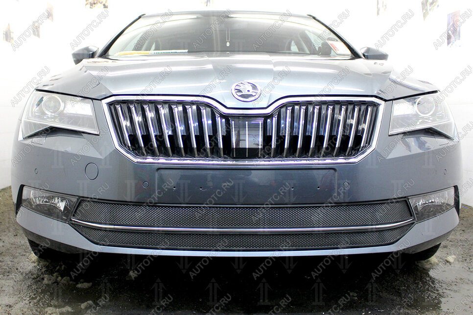 4 649 р. Защита радиатора (2 части) Стрелка11 Стандарт  Skoda Superb ( B8 (3V),  B8 (3V5)) (2015-2019) лифтбэк дорестайлинг, универсал дорестайлинг (черная)  с доставкой в г. Новочеркасск