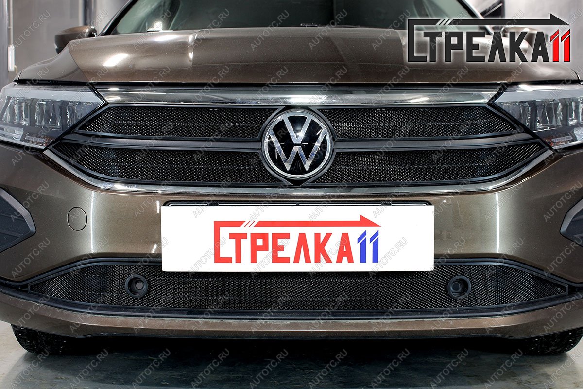 5 749 р. Защита радиатора (верх 4 части) (Origin, Respect, Status) Стрелка11 Стандарт  Volkswagen Polo  Mk6 (2020-2022) лифтбек (черная)  с доставкой в г. Новочеркасск