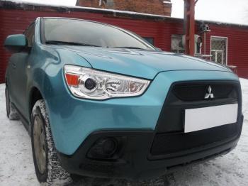 599 р. Зимняя заглушка решетки радиатора (верх, 2 части) Стрелка11 Mitsubishi ASX дорестайлинг (2010-2012) (черная)  с доставкой в г. Новочеркасск. Увеличить фотографию 2