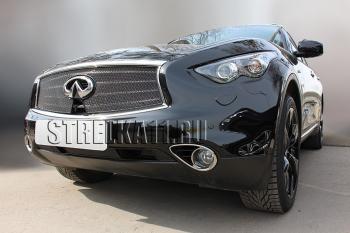 7 199 р. Защита радиатора (верх с вырезом под камеру) Стрелка11 Премиум  INFINITI FX37  S51 - QX70  S51 (черная)  с доставкой в г. Новочеркасск. Увеличить фотографию 2