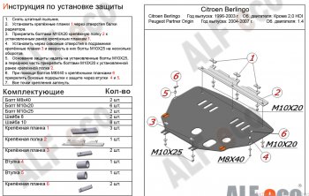 4 199 р. Защита картера двигателя и КПП (кроме V-2,0 HDI) Alfeco CITROEN Berlingo M49 дорестайлинг (1996-2003) (Сталь 2 мм)  с доставкой в г. Новочеркасск. Увеличить фотографию 2