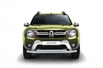 5 249 р. Защита переднего бампера (двойная Ø63 и 51 мм) Petroil Tuning Renault Duster HS рестайлинг (2015-2021) (серебристый (Искра))  с доставкой в г. Новочеркасск. Увеличить фотографию 1