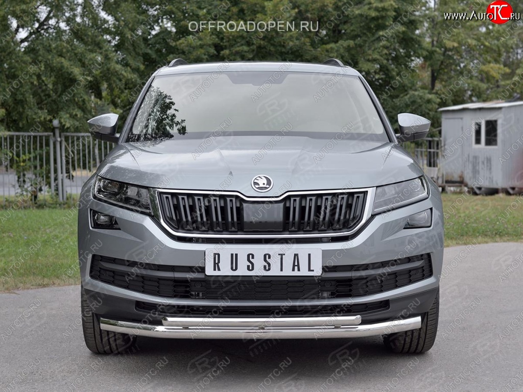 15 649 р. Защита переднего бампера (2 трубы Ø63 и 42 мм, нержавейка) Russtal  Skoda Kodiaq  NU7 (2017-2021) дорестайлинг  с доставкой в г. Новочеркасск