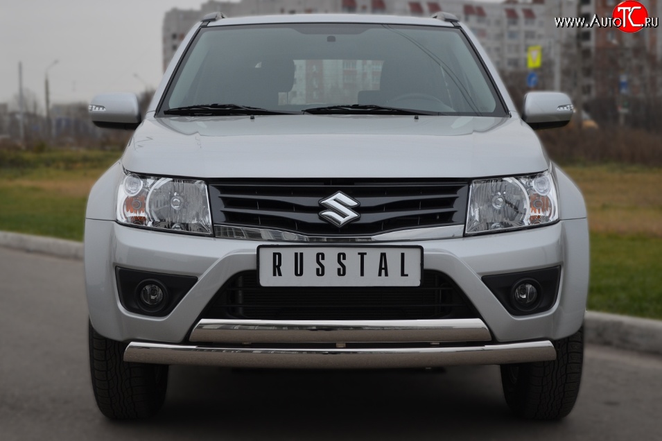 22 299 р. Защита переднего бампера (2 трубыØ75х42 мм, нержавейка) Russtal Suzuki Grand Vitara JT 3 двери 2-ой рестайлинг (2012-2016)  с доставкой в г. Новочеркасск