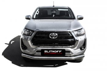 24 199 р. Защита переднего бампера Slitkoff (Ø 76 мм).  Toyota Hilux  AN120 (2017-2020) 1-ый рестайлинг (Нержавеющая сталь)  с доставкой в г. Новочеркасск. Увеличить фотографию 2