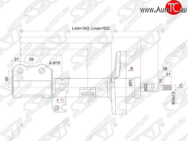 3 499 р. Левый амортизатор передний (2WD, 4WD) SAT Toyota Allion T260 седан дорестайлинг (2007-2010)  с доставкой в г. Новочеркасск