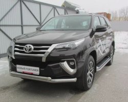 22 699 р. Защита переднего бампера Slitkoff (Ø 76+Ø 57 мм, двойная)  Toyota Fortuner  AN160 (2015-2020) дорестайлинг (Цвет: нержавеющая полированная сталь)  с доставкой в г. Новочеркасск. Увеличить фотографию 2