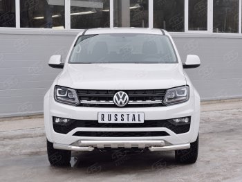 Защита переднего бампера (2 трубы Ø63 мм с зубами, нержавейка) Russtal Volkswagen Amarok рестайлинг (2016-2022)