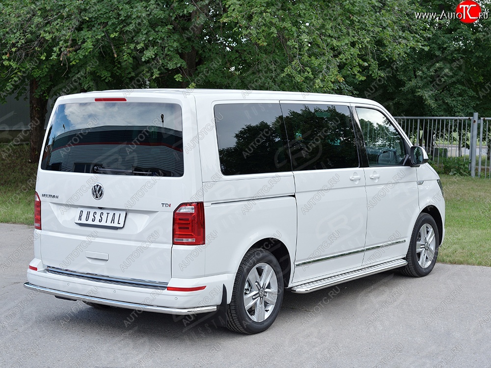 11 449 р. Защита заднего бампера (Ø42 мм, нержавейка, длинная версия) Russtal Volkswagen Transporter T6 дорестайлинг (2015-2019)  с доставкой в г. Новочеркасск