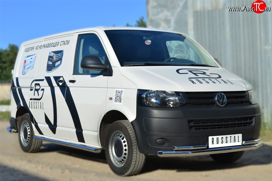 10 849 р. Правая защита порогов из круглой трубы диаметром 63 мм Russtal Volkswagen Transporter T6 дорестайлинг (2015-2019) (Защита порогов с со скосами на торцах (вариант 1))  с доставкой в г. Новочеркасск