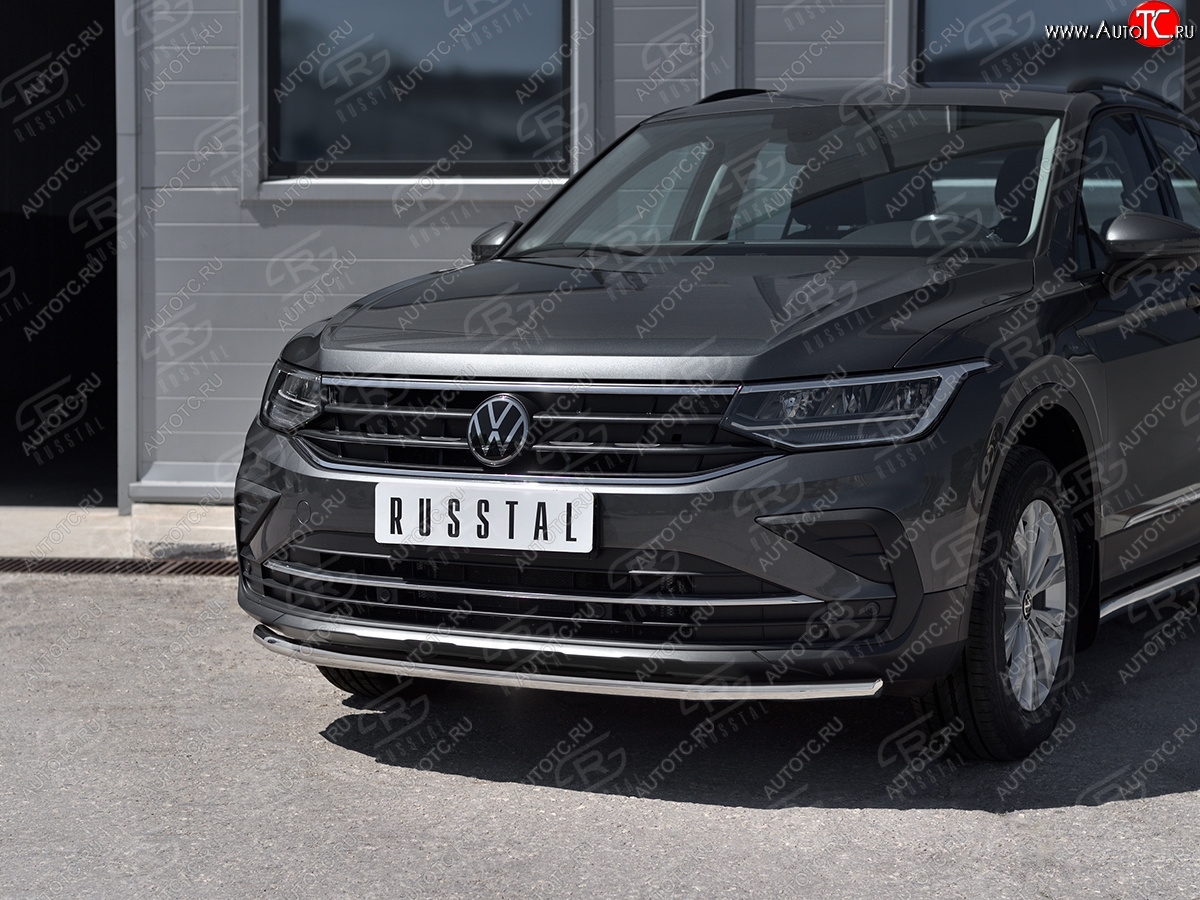 12 499 р. Защита переднего бампера (Ø42 мм нержавейка, NOT R-LINE) Russtal Volkswagen Tiguan Mk2 рестайлинг (2020-2022) (полированная нержавейка)  с доставкой в г. Новочеркасск