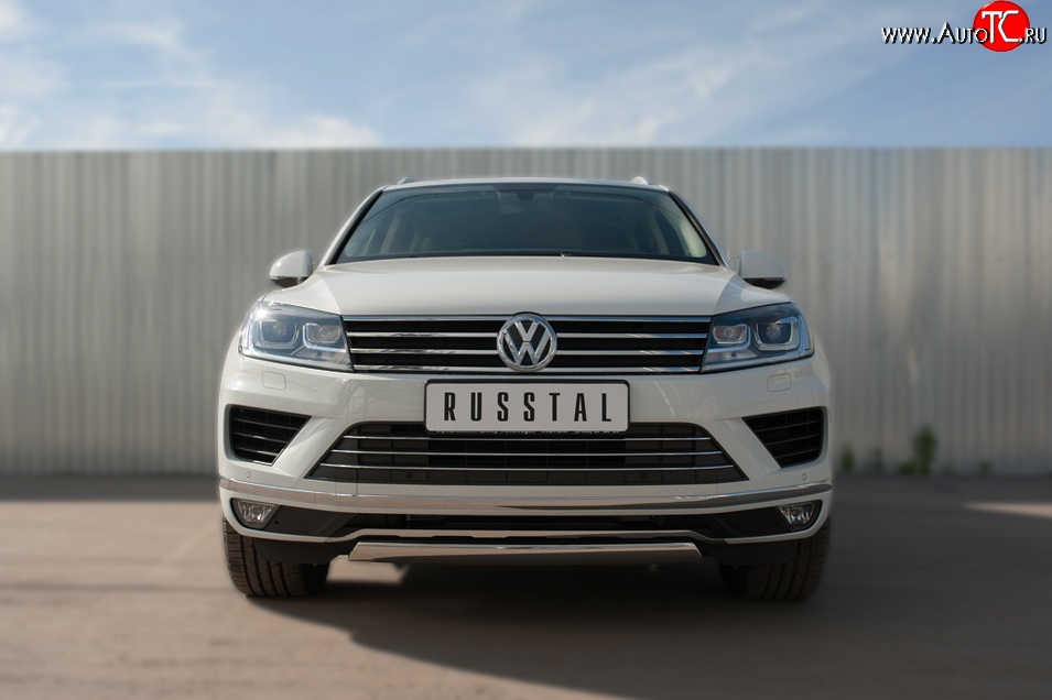 15 649 р. Защита переднего бампера (Ø75х42 мм, нержавейка) Russtal Volkswagen Touareg NF рестайлинг (2014-2018)  с доставкой в г. Новочеркасск