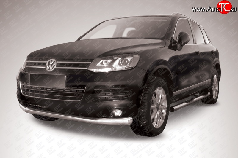 17 899 р. Одинарная защита переднего бампера диаметром 76 мм Slitkoff  Volkswagen Touareg  NF (2010-2014) дорестайлинг (Цвет: нержавеющая полированная сталь)  с доставкой в г. Новочеркасск